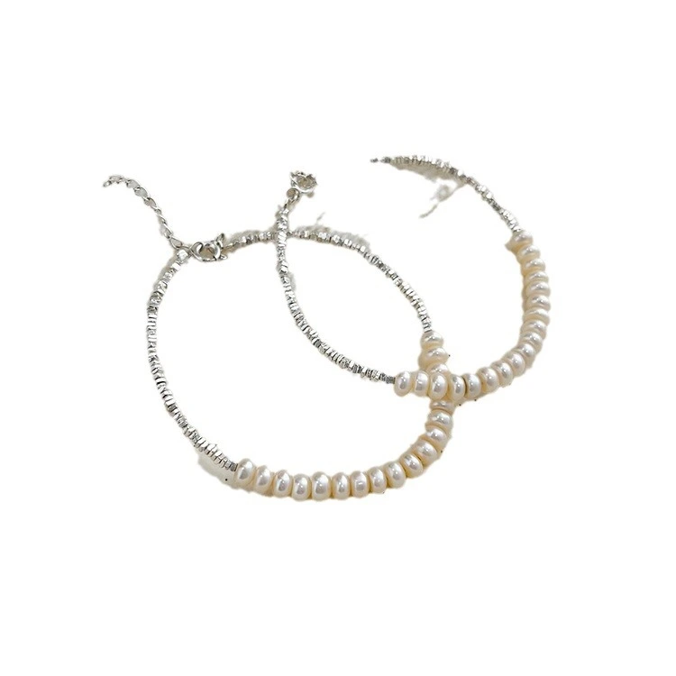 Freshwater pearl bracelet, broken silver, pure silver, semi-silver and semi-pearl jewelry, simple and niche design, women's silver jewelry with geometric design. details Picture